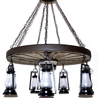 Old Colorado Wagon Wheel 7 Light Lantern Chandelier
