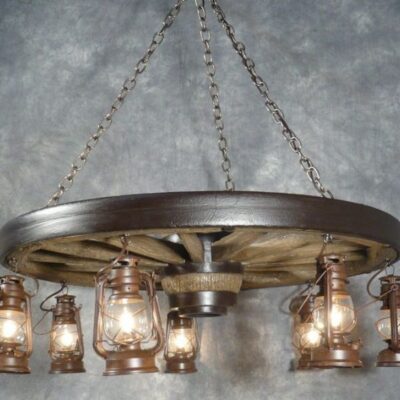 Cast Horn Designs Large Wagon Wheel Chandelier with Rustic Lanterns