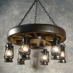 Cast Horn Small Wagon Wheel Chandelier with Rustic Lanterns
