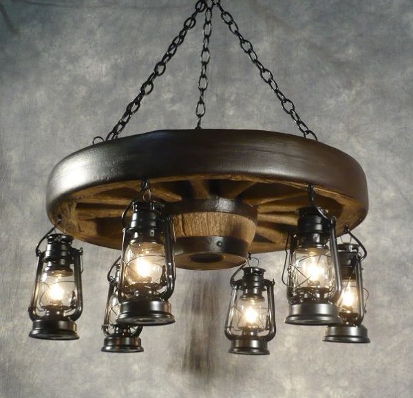 Cast Horn Small Wagon Wheel Chandelier with Rustic Lanterns