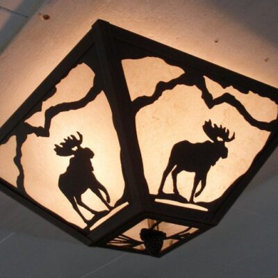 CL805-15 - Semi-flush mount model - Design 565 - With mountains only top border design - Pinecone Medallion - Pinecone Finial - Shown illuminated
