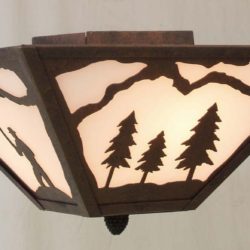 CL805-15 - Semi-flush mount model - Design 521/545A - With mountains only top border design - Color C127 - White Acrylic Liner - Pinecone Finial - Shown illuminated