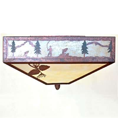 Copper Canyon CL810 Series Semi-Flush Mount - Fishing Scene Design - Color C140 w/green trees - Silver Mica Liner - Parchment Acrylic Bottom Liner