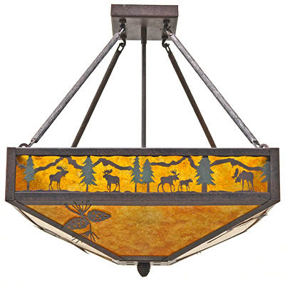 Copper Canyon CL810 Series Semi-Flush Mount w/Arms - Moose Scene Design - Color C127 w/green trees - Amber Mica Liner - Amber Mica Bottom Liner