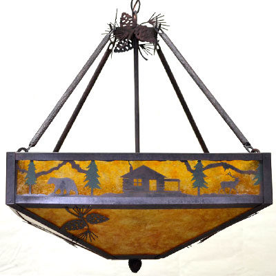 Copper Canyon CL810 Series Chandelier - Log Cabin Scene Design - Color C127 w/green trees - Amber Mica Liner - Amber Mica Bottom Liner