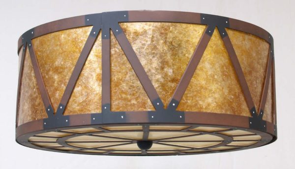 CL830-12 - Flush Mount - Truss Style Design - Truss Style Bottom Design - Color C146 with hand painted black truss accents - Amber Mica Liner - Ivory Acrylic Bottom Liner - Half Ball Finial
