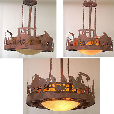 PEG260-25 - Rodeo Scene Design - Color C128 - Amber Mica Liner - Parchment Acrylic Bowl Liner - Horseshoes Chain Style - Fence Sitters or Gates are standard with this design for the 25