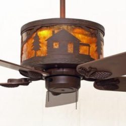 Mountainaire Rustic Ceiling Fan Cabin Scene in Color C146 with Amber Mica Liner (illuminated)