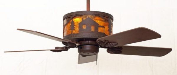 Mountainaire Rustic Ceiling Fan Cabin Scene in Color C146 with Amber Mica Liner (illuminated)