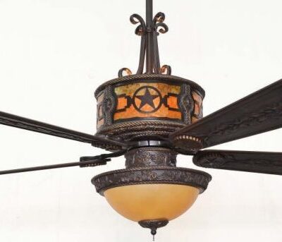 Copper Canyon Sheridan Ceiling Fan Shown with Stars - Amber Mica Liner