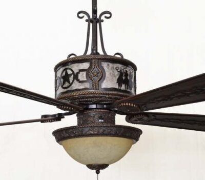 Copper Canyon Sheridan Ceiling Fan Shown with 3 Riders Scene and Stars - Silver Mica Liner