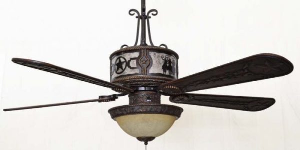 Copper Canyon Sheridan Ceiling Fan Shown with 3 Riders Scene and Stars - Silver Mica Liner