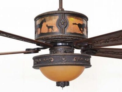 Copper Canyon Sheridan Ceiling Fan Shown with Horses - Amber Mica Liner