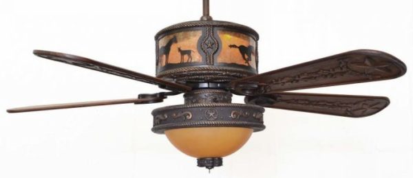 Copper Canyon Sheridan Ceiling Fan Shown with Horses - Amber Mica Liner