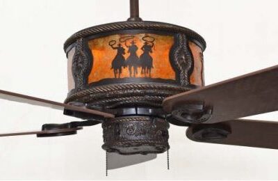 Copper Canyon Sheridan Ceiling Fan Shown with 3 Riders Scene - Amber Mica Liner - Custom Lighting