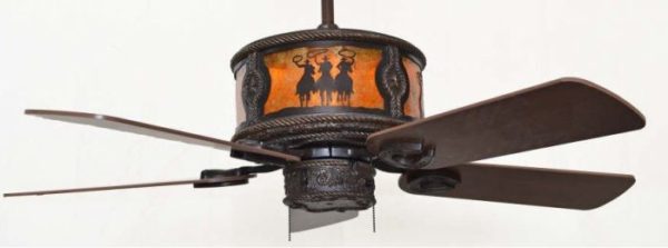 Copper Canyon Sheridan Ceiling Fan Shown with 3 Riders Scene - Amber Mica Liner - Custom Lighting