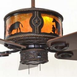 Copper Canyon Sheridan Ceiling Fan Shown with Round Up 1 Scene - Amber Mica Liner