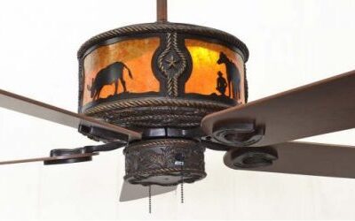 Copper Canyon Sheridan Ceiling Fan Shown with Round Up 1 Scene - Amber Mica Liner