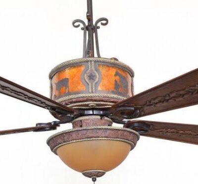 Sheridan Leather Ceiling Fan Shown with Round Up 1 Scene - Amber Mica Liner