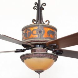 Sheridan Leather Ceiling Fan Shown with Praying Cowboy Scene - Amber Mica Liner