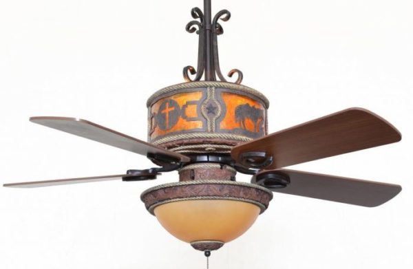 Sheridan Leather Ceiling Fan Shown with Praying Cowboy Scene - Amber Mica Liner