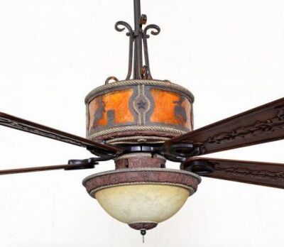 Sheridan Leather Ceiling Fan Shown with Rodeo Scene - Amber Mica Liner