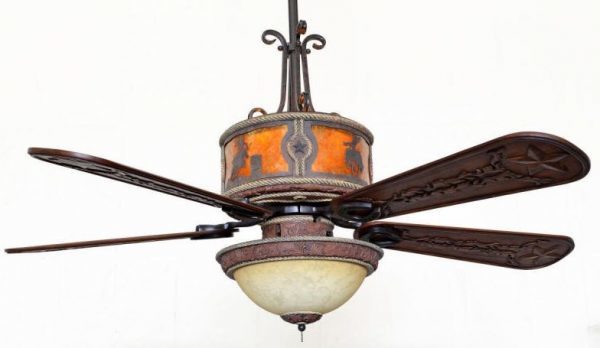 Sheridan Leather Ceiling Fan Shown with Rodeo Scene - Amber Mica Liner