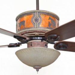 Sheridan Leather Ceiling Fan Shown with Round Up 1 Scene - Amber Mica Liner