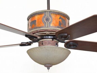 Sheridan Leather Ceiling Fan Shown with Round Up 1 Scene - Amber Mica Liner