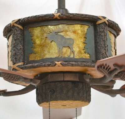 Copper Canyon Timber Creek Ceiling Fan Motor Detail - Moose Scene with Amber Mica Liner