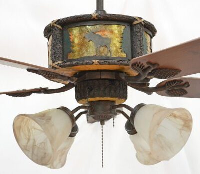 Copper Canyon Timber Creek Ceiling Fan Moose Scene with Amber Mica Liner and KVLK2-FBZ Light Kit (FLG4 Glass)