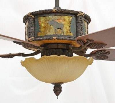 Copper Canyon Timber Creek Ceiling Fan Moose Scene with Amber Mica Liner and VALK45682WP Light Kit