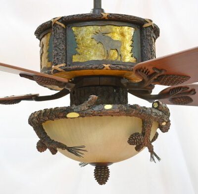 Copper Canyon Timber Creek Ceiling Fan Moose Scene with Amber Mica Liner and VALK51218WP-FBZ Light Kit