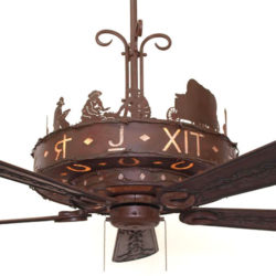 Copper Canyon Western Trails Ceiling Fan - Kiva Select Color C146 with Silver Mica Liner - 56" Carved Star Blades in Antique Walnut - SCR1-15 Scroll Kit - Camp Scene Top Design