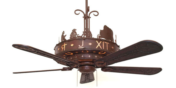 Copper Canyon Western Trails Ceiling Fan - Kiva Select Color C146 with Silver Mica Liner - 56" Carved Star Blades in Antique Walnut - SCR1-15 Scroll Kit - Camp Scene Top Design